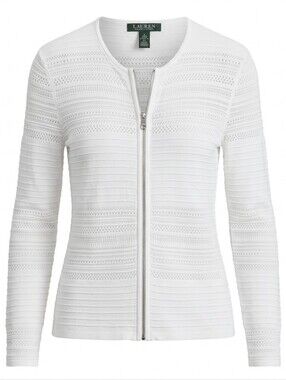 Lauren Ralph Lauren Pointelle Cardigan Small White Zip Front Quiet Luxury NWT